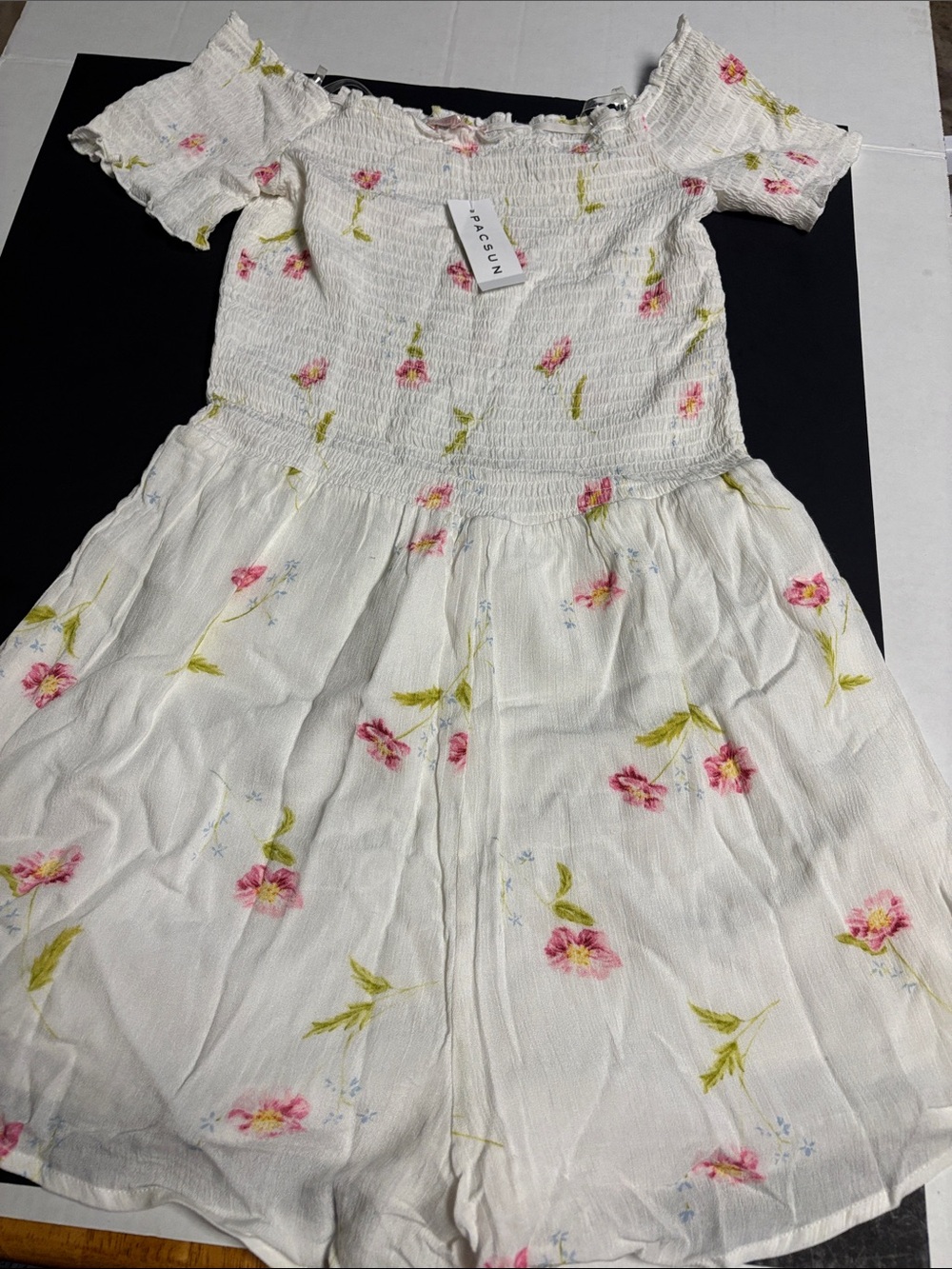 PacSun Lottie Moss White Floral Smocked Off-Shoulder Romper